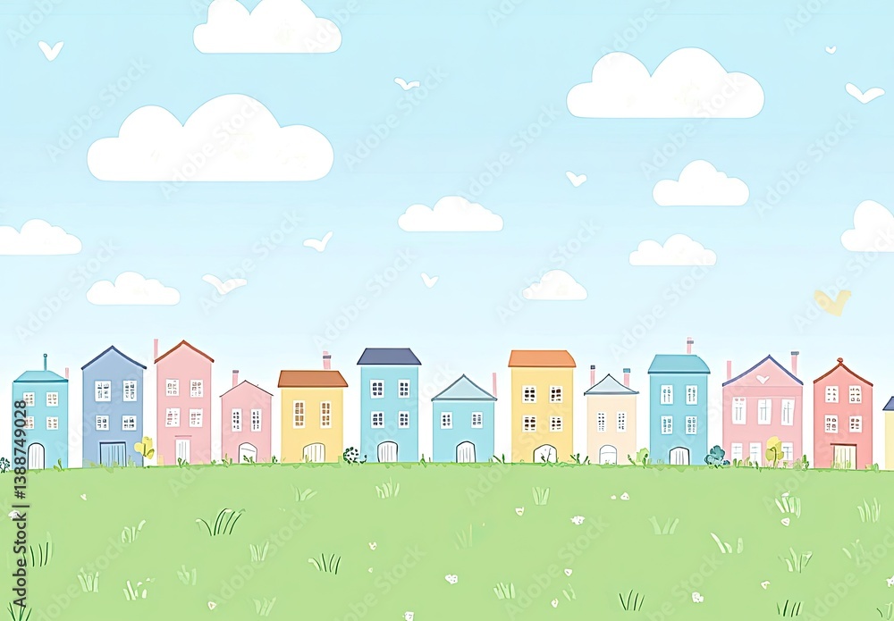 Pastel colored houses line a grassy field under a light blue sky with fluffy white clouds Pastel colored houses line a grassy field under a light blue sky with fluffy white clouds