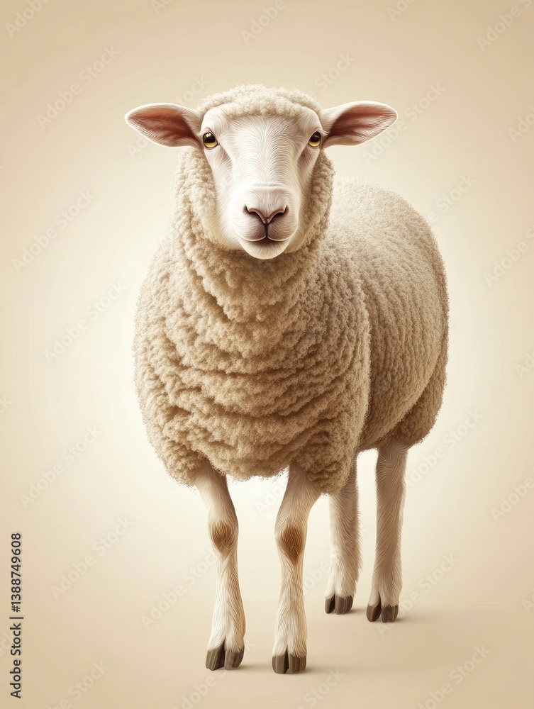 Fototapeta premium Standing Sheep with White Wool on Light Background Studio Shot