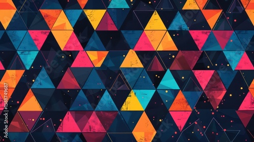 A seamless geometric pattern with vibrant triangles and hexagons in contrasting colors, creating a dynamic and modern look.