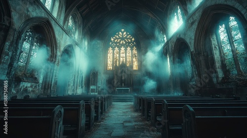 Old church interior with fog, rows of wooden pews and large stained glass window