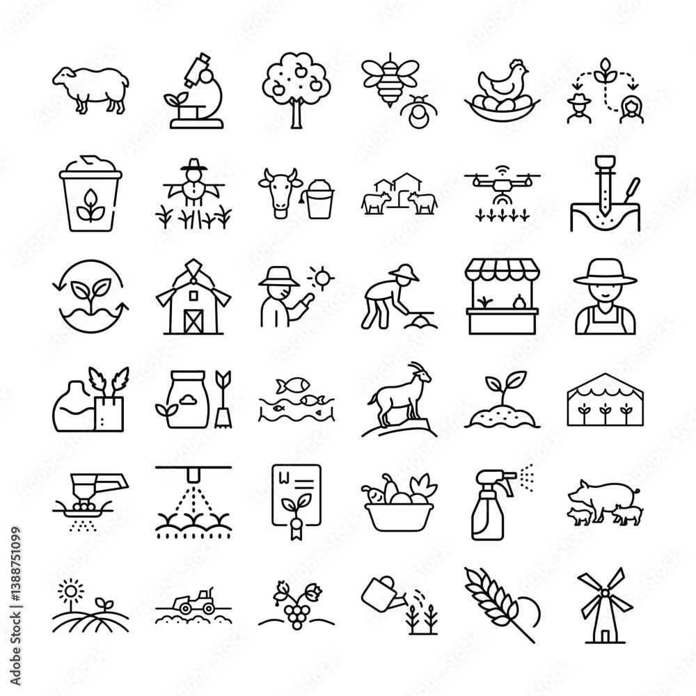 Naklejka premium Farming Stroke Icon Bundle Black vector set illustration of Farming Stroke Icon elements and hand drawn icons symbol collection