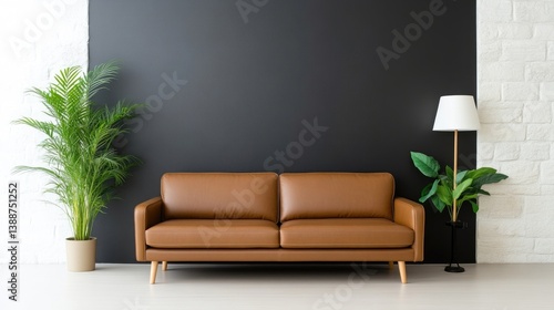 A brown leather sofa sits centrally against a dark wall. Flanking plants and a floor lamp add to the minimalist rooms design. The image is well-lit, showcasing high-quality textures. Its clean style