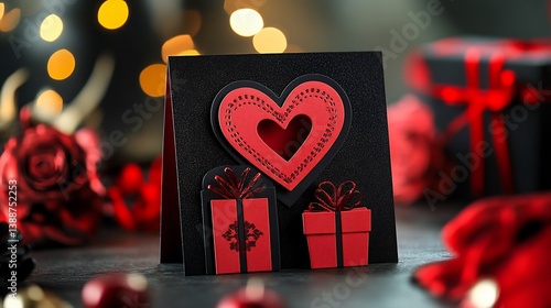 Red and black valentines day greeting card featuring a heart symbol with a lovely gift design and three dimensional details perfect for a romantic celebration