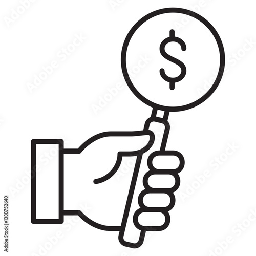Hand holding magnifier glass icon. Financial research symbol. Icon symbol suitable for finance, searching, market, observe. Vector illustration.