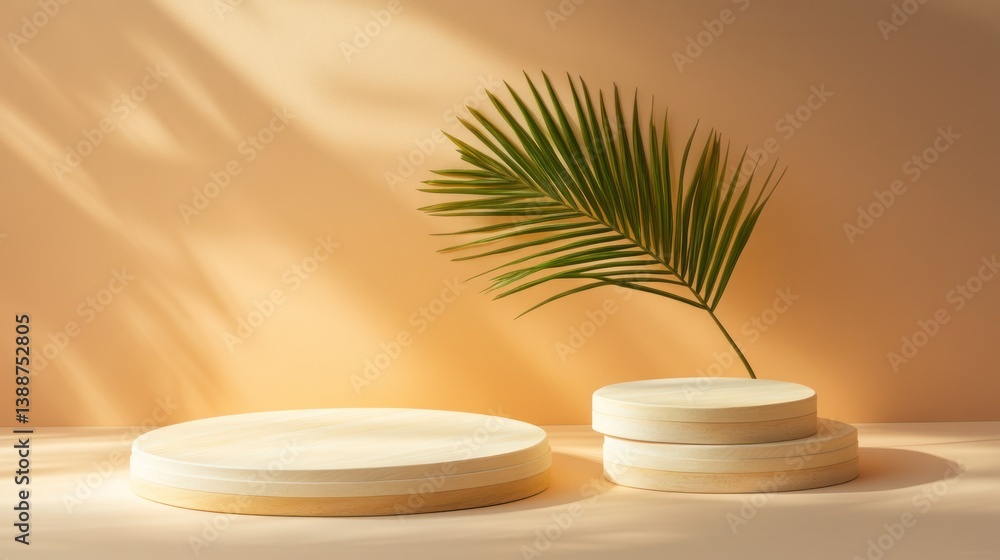 Minimalist beige podium display with palm leaf Minimalist beige podium display with palm leaf