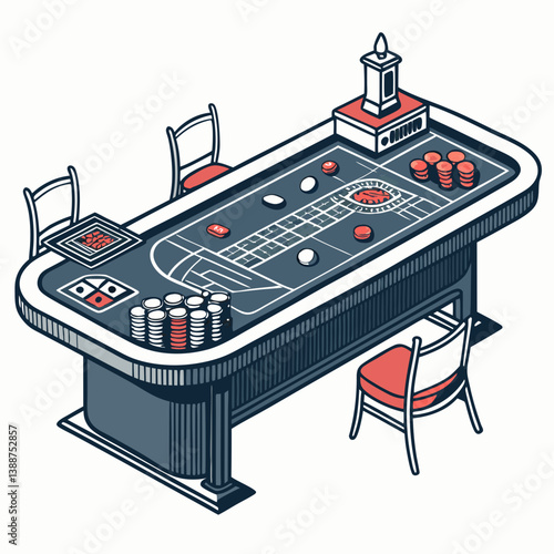 Create a bold vector illustration of a baccarat table setup, emphasizing the cards, chips, and elegant table design.  Include realistic details and sharp lines.