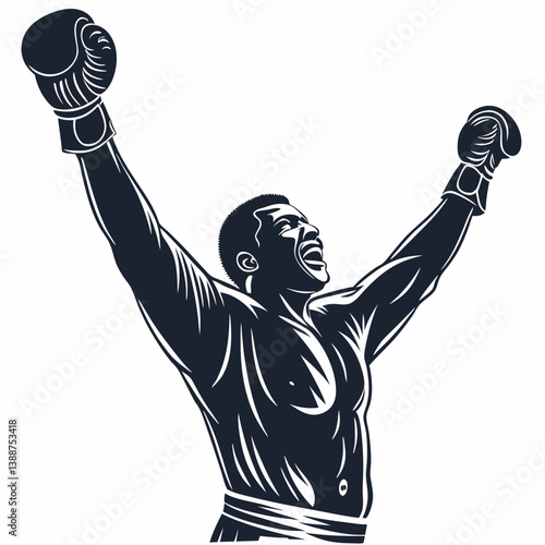 Create a vector illustration of a powerful boxer raising their gloved fist, bold black stroke, dynamic pose, high contrast.