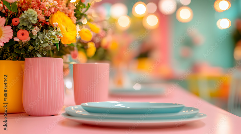 Pastel Table Setting with Flowers and Pink Decor Pastel Table Setting with Flowers and Pink Decor