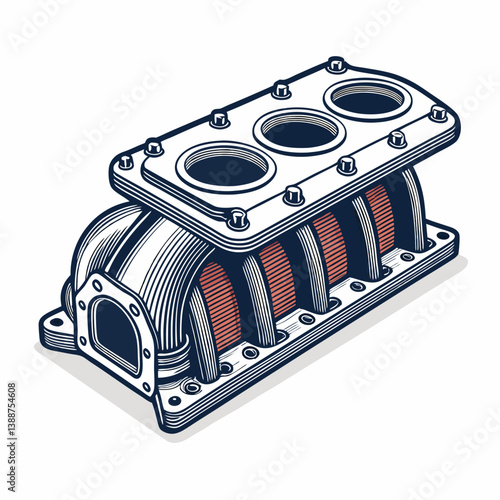 Create a vector illustration of a bold, stylized car air intake manifold.  Include precise details and strong lines.