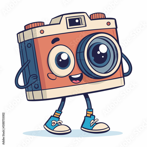 Design a bold, vector cartoon camera character with thick outlines, playful expression, and vibrant color.  Include lens and shutter details.