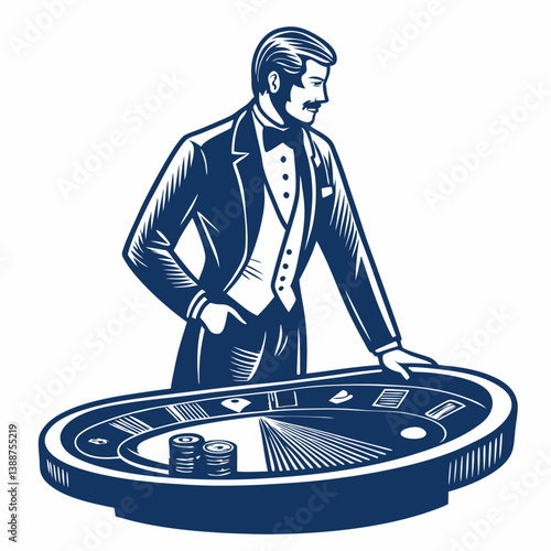 Create a bold vector illustration of a casino dealer confidently dealing cards at a blackjack table.  Include crisp lines and strong contrasts.