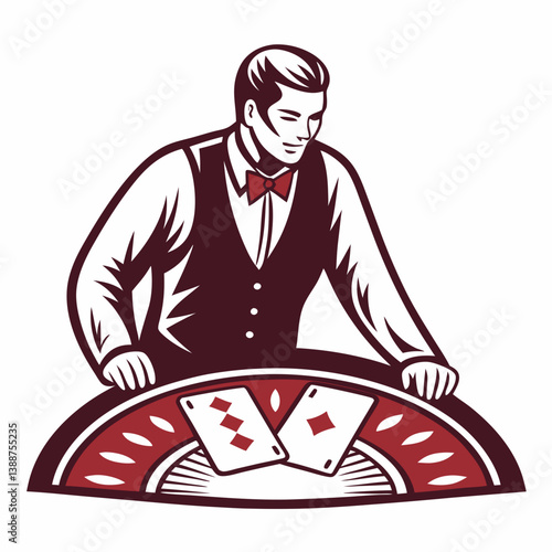 Create a bold, vector illustration of a casino dealer confidently dealing cards at a blackjack table.  Focus on strong lines and impactful design.