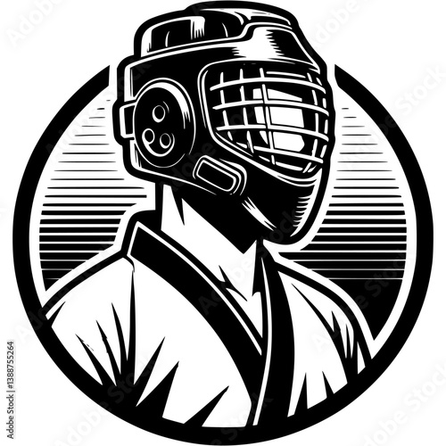 Sport emblem of portrait of a taekwondo fighter wearing a protective helmet in monochrome. Engraving minimalistic vector in black ink drawing on transparent background