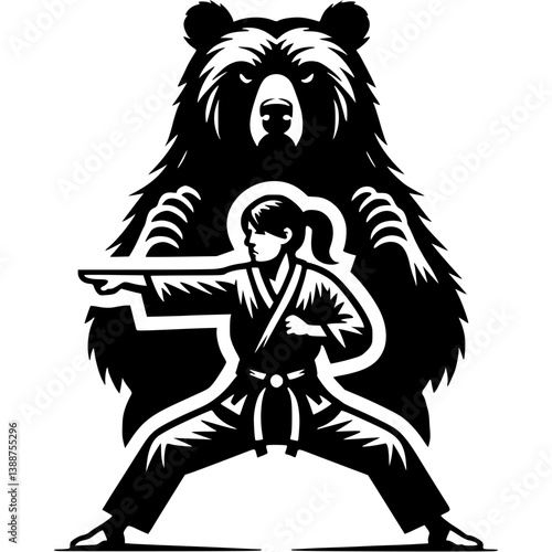 Sport emblem of female kung fu fighter in bear style fighting stance in monochrome. Engraving minimalistic vector in black ink drawing on transparent background