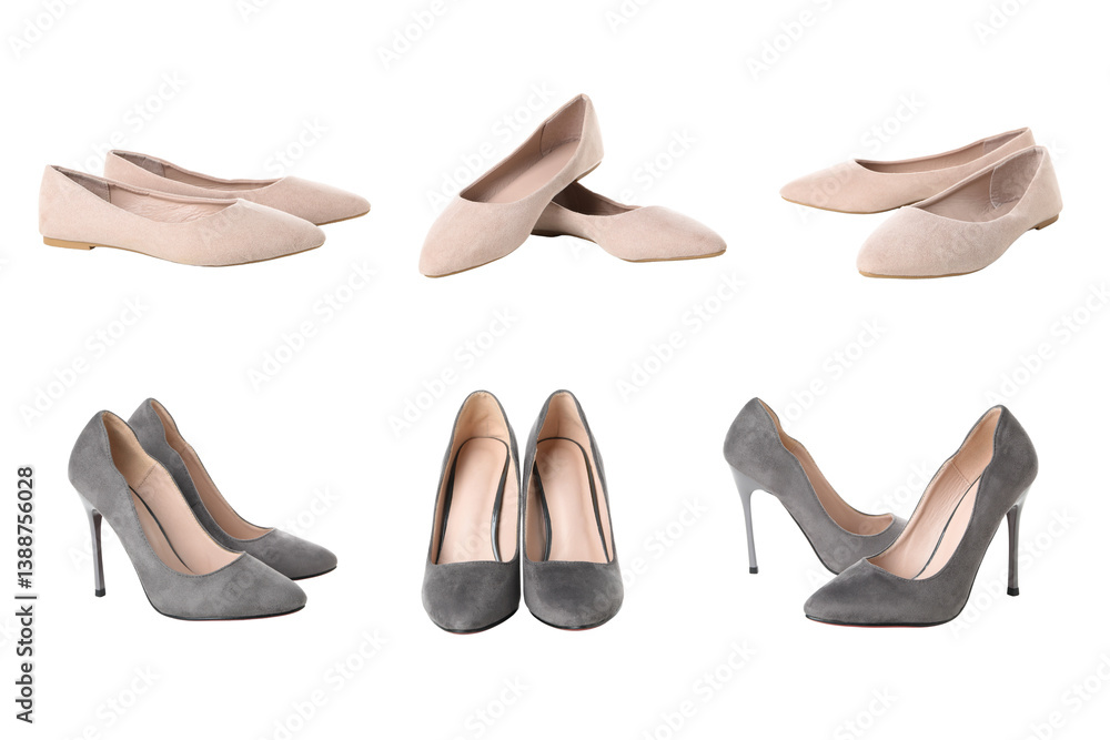 Display of stylish flat and heeled shoes in neutral colors, isolated on white, PNG