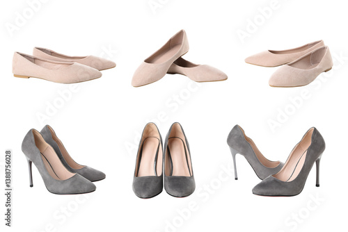 Obraz na płótnie Display of stylish flat and heeled shoes in neutral colors, isolated on white, PNG w salonie