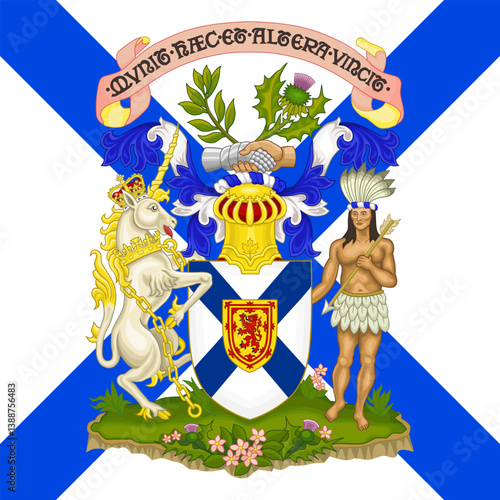 Nova Scotia official coat of arms on the Nova Scotia canadian provincial flag, Canada, vector illustration