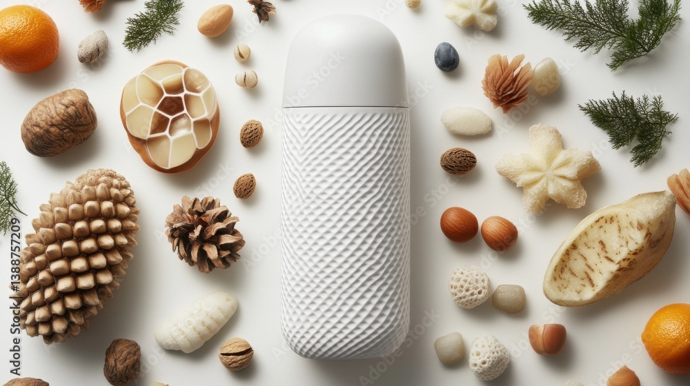 Obraz premium Modern white container surrounded by various natural elements