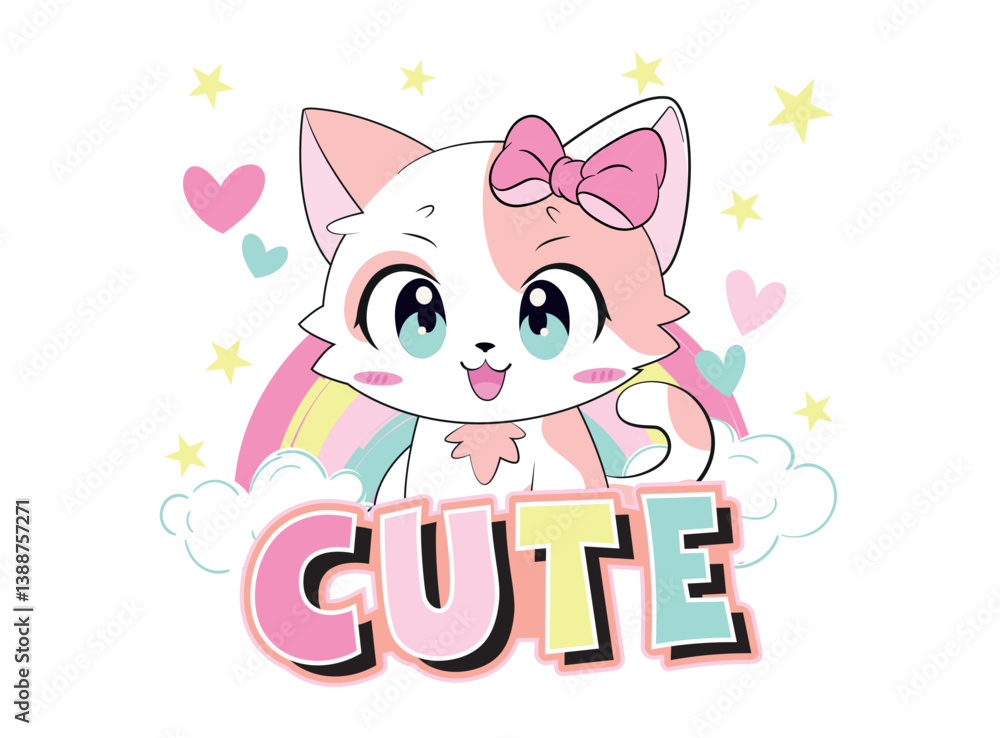 Fototapeta premium Vector illustration, cute kitten. Design for printing on shirt, poster, banner. White text on pink background. Lovely print for t-shirt