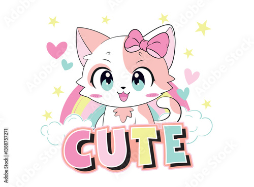 Vector illustration, cute kitten. Design for printing on shirt, poster, banner. White text on pink background. Lovely print for t-shirt