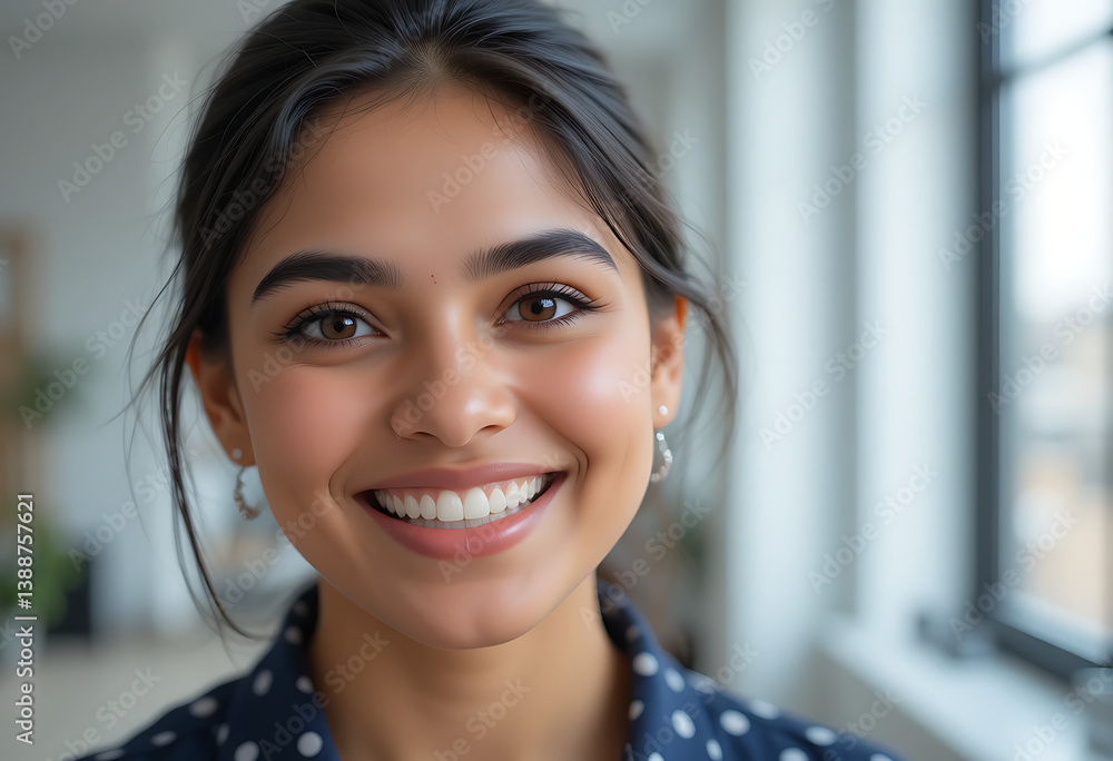 A Close-Up Shot Of A Young Woman's Face Smiling With Her Hair Pulled Back, Natural beauty, personal portrait A Close-Up Shot Of A Young Woman's Face Smiling With Her Hair Pulled Back, Natural beauty, personal portrait