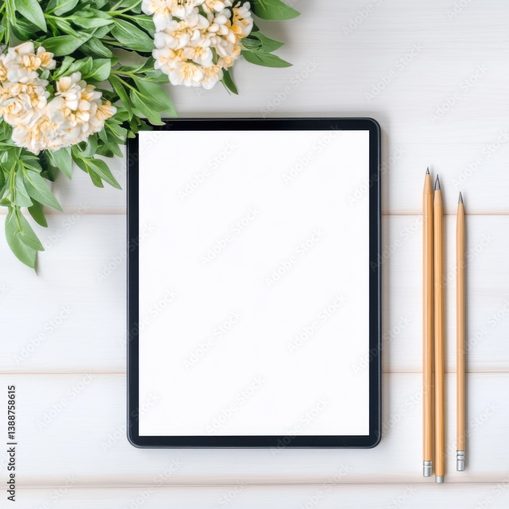 Blank Tablet Screen with Pencils and Flowers on White Wooden Table Blank Tablet Screen with Pencils and Flowers on White Wooden Table