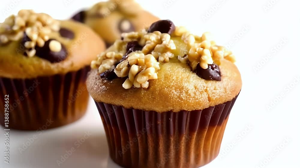 Three Chocolate Chip And Nut Muffins Isolated On White Background Three Chocolate Chip And Nut Muffins Isolated On White Background