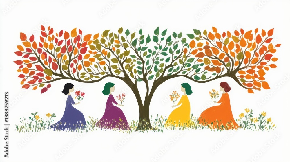 Obraz premium Women in Vibrant Dresses Gather Under Colorful Tree with Flowers