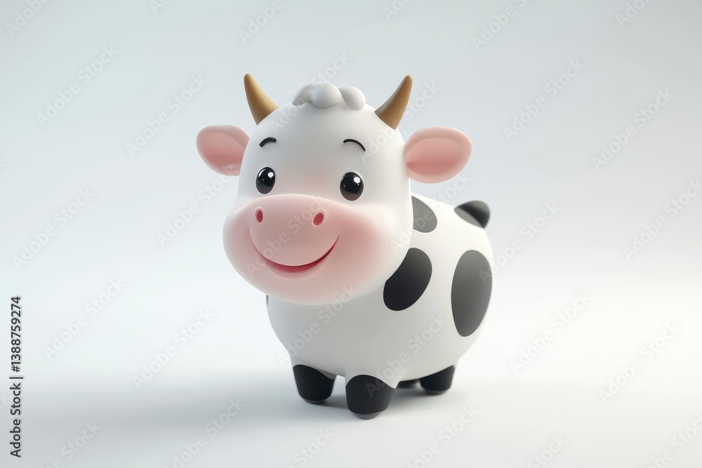 Smiling Cartoon Cow Figurine with Black Spots on White Background Smiling Cartoon Cow Figurine with Black Spots on White Background