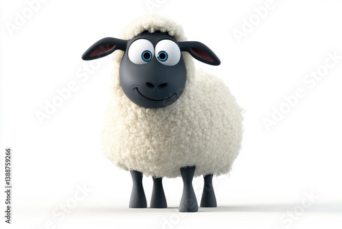 Standing Cartoon Sheep Character with Woolly Coat Isolated on White Background