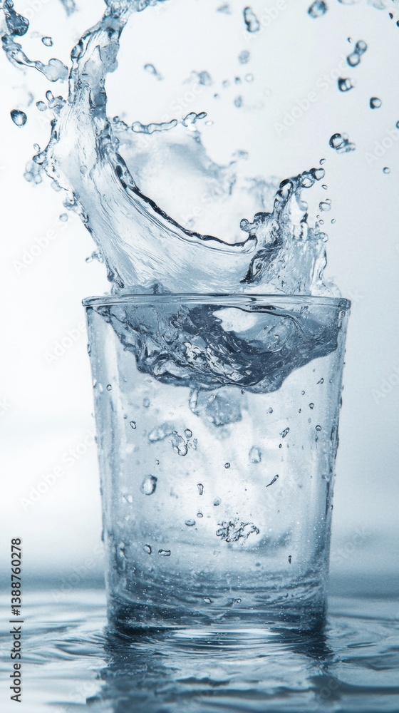 A glass cup with water and splashes of water stands in the water A glass cup with water and splashes of water stands in the water