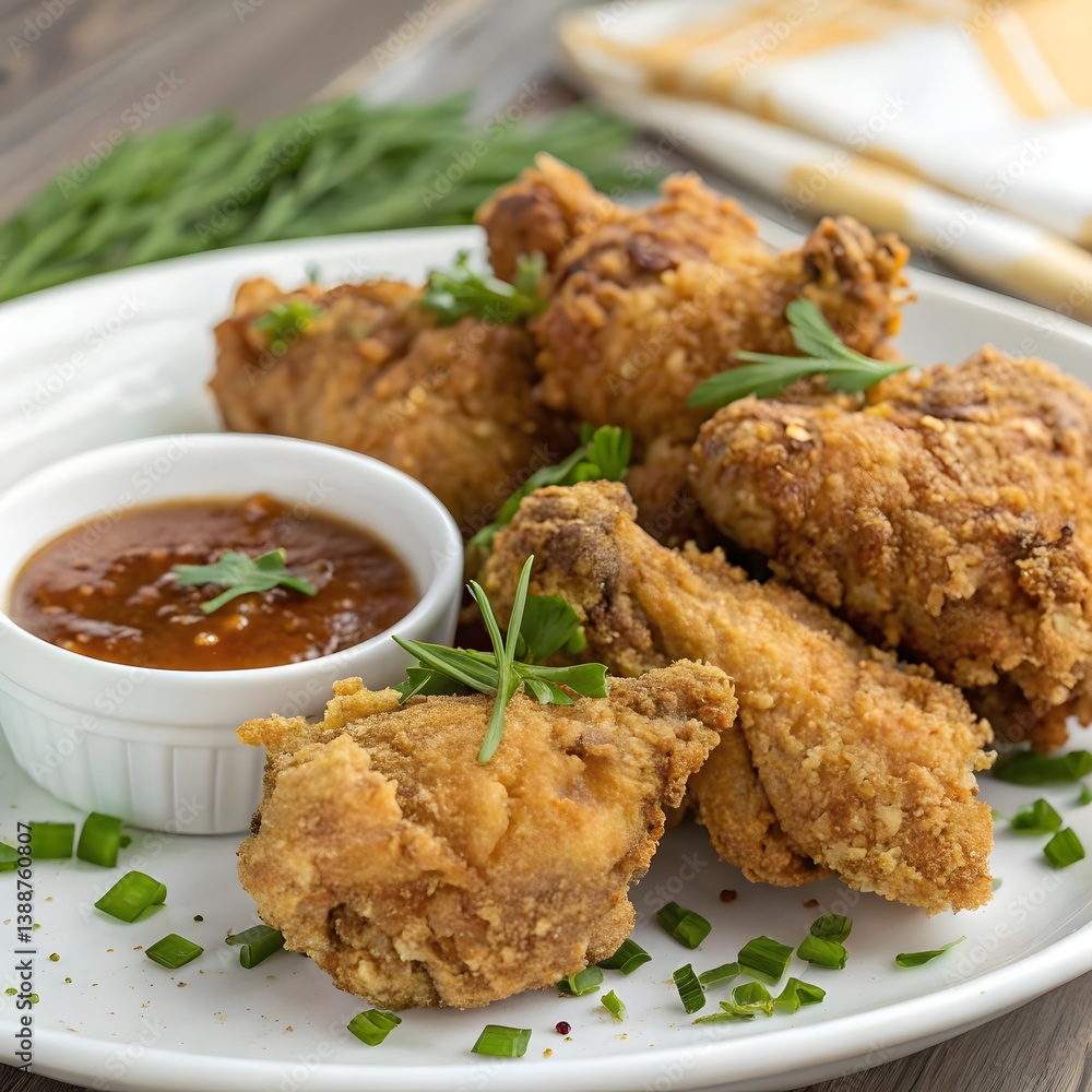 Crispy Southern-style fried chicken served with dipping sauce and parsley. Perfect for restaurant menus or comfort food visuals. Crispy Southern-style fried chicken served with dipping sauce and parsley. Perfect for restaurant menus or comfort food visuals.