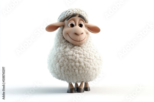Smiling Cartoon Sheep Standing on White Background Wearing Knitted Hat