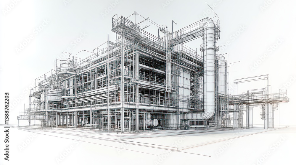 Architectural Wireframe Rendering of an Industrial Refinery Complex Architectural Wireframe Rendering of an Industrial Refinery Complex