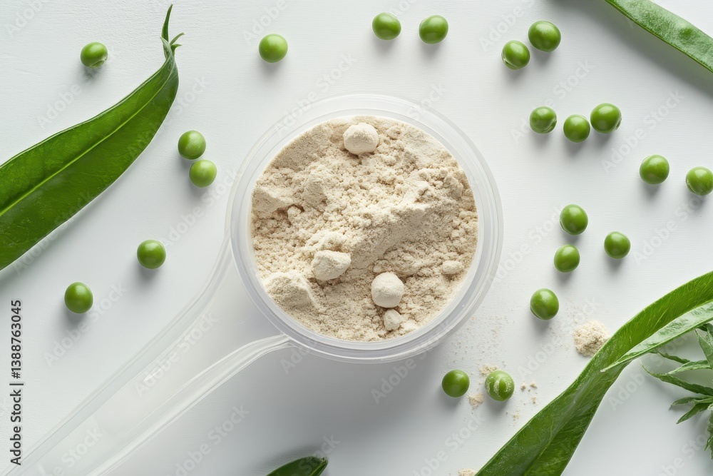 plant based protein Pea Protein Powder in plastic scoop with fresh green Peas seeds on white Background