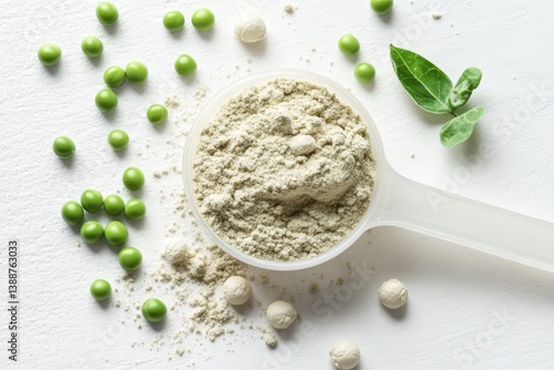 plant based protein Pea Protein Powder in plastic scoop with fresh green Peas seeds on white Background