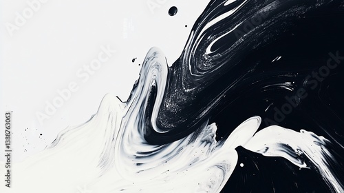 Dynamic interplay of black and white paint creating swirling textures and patterns