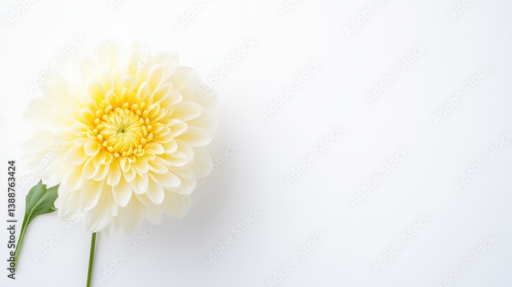 Fototapeta premium A single cream dahlia flower with a yellow center lies on a clean white background with copy space.