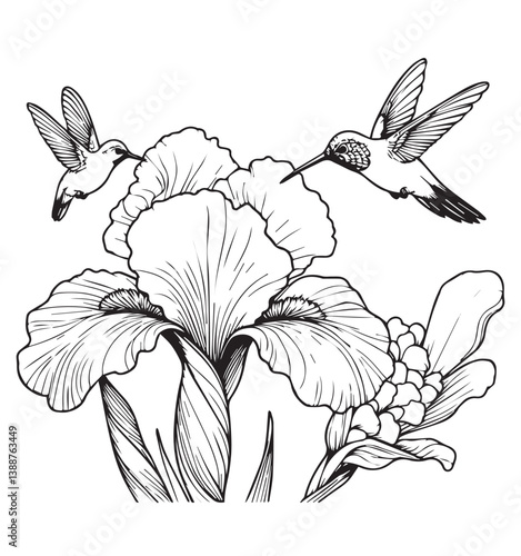 Coloring book hummingbirds and an elegant iris bloom. Two tiny birds with delicate wings sip nectar from a graceful spring flower