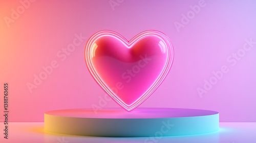 Three dimensional abstract Valentine themed display featuring a neon pink heart on a gradient platform with a bright pastel background perfect for showcasing products