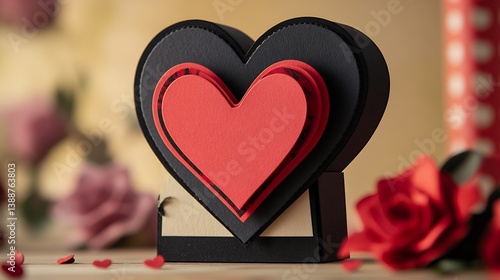 Three dimensional valentines card with a heart symbol black and red accents and romantic wedding invitation design highlighting love and celebration
