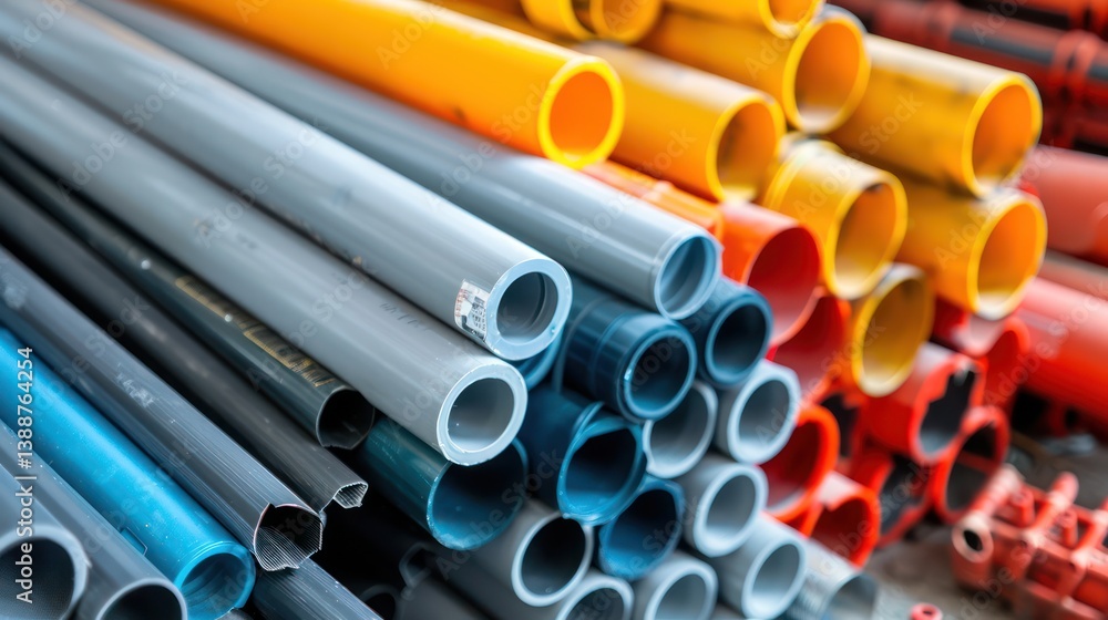 A collection of PVC pipes and plumbing materials ready for installation in a construction project. A collection of PVC pipes and plumbing materials ready for installation in a construction project.