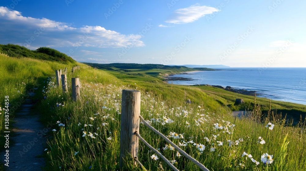 Hiking trail overlooking the scenic North Sea coastline in Northumberland, England