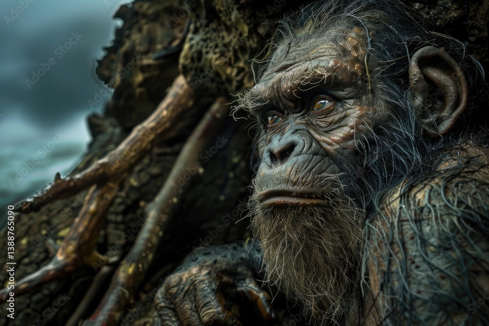 Obraz premium Ancient Timeline: prehistoric primitive, early hominin, cave-dweller, proto-human, Stone Age human, archaic Neanderthal, primal figure, primordial ancestor, premodern troglodyte, BC period .