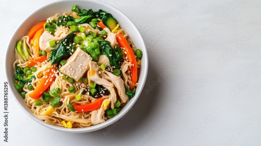 A bowl of chicken and vegetable noodles is presented. The noodles are light brown, topped with sliced chicken, orange bell peppers, green onions, and spinach. A white bowl holds the dish against a A bowl of chicken and vegetable noodles is presented. The noodles are light brown, topped with sliced chicken, orange bell peppers, green onions, and spinach. A white bowl holds the dish against a