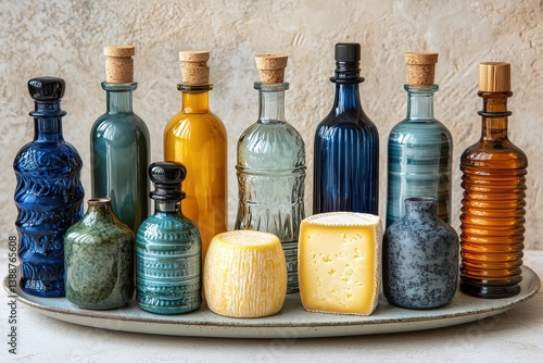 Wallpaper Mural Assortment of Aged Cheeses and Vintage Glass Bottles on a Grey Tray Torontodigital.ca