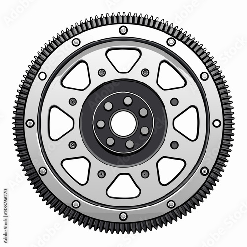Create a bold vector illustration of a flywheel with a prominent start button, emphasizing strong lines and impactful design.