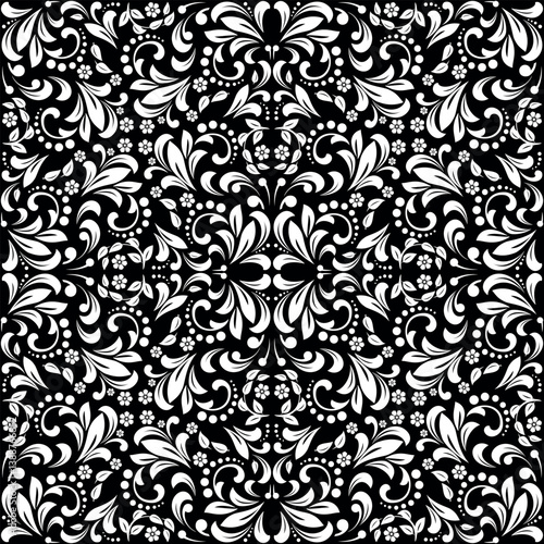 Wallpaper in the style of Baroque. White and black floral ornament. Seamless vector background. Graphic pattern for fabric, wallpaper, packaging. Ornate Damask flower illustration.