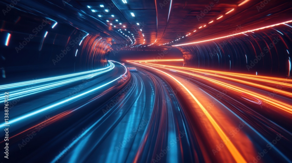 Obraz premium Driving Through Futuristic Tunnel with Neon Lights and Motion Blur