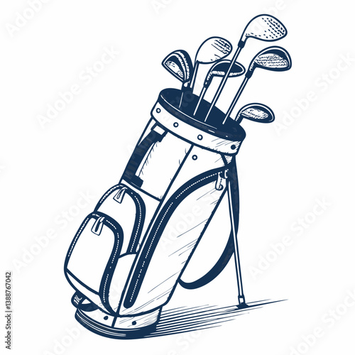 Create a bold, vector illustration of a golf bag with various golf clubs sticking out, emphasizing strong, clean lines.
